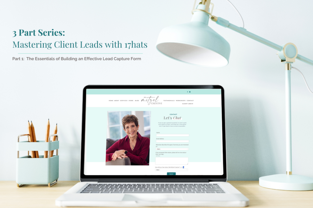 Modern desktop with computer screen open to 17hats lead capture form from Deb Mitzel Creative.  