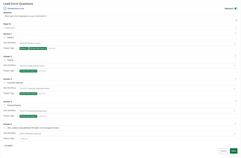 image shows place to enter project tags for the answer to each lead form question on 17has lead capture form 