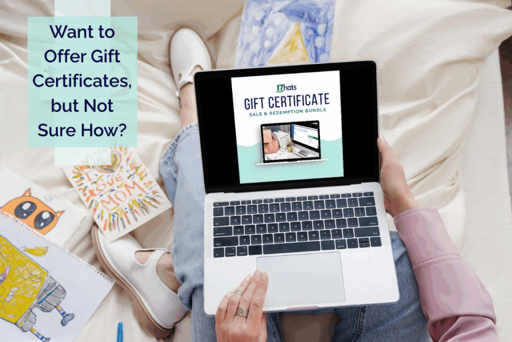 Person sitting on a couch with a laptop displaying the 17hats Gift Certificate Sale & Redemption Bundle. Text overlay reads: ‘Want to Offer Gift Certificates, but Not Sure How?