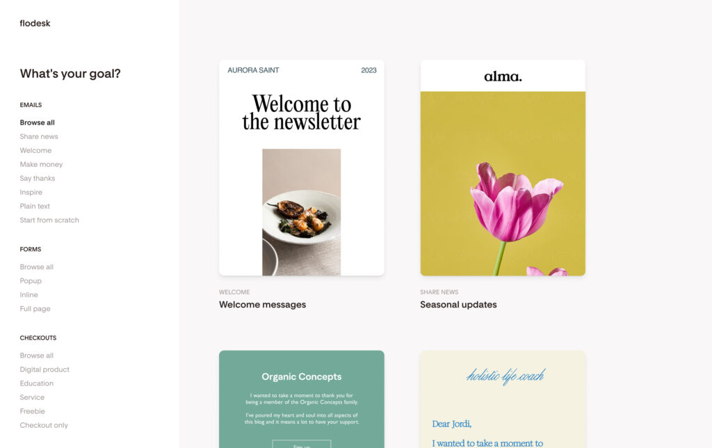 Flodesk interface displaying the template library. The left sidebar lists categories such as emails, forms, and checkouts. The main area shows visual previews of templates, including a ‘Welcome to the newsletter’ design and a seasonal update with a pink tulip.