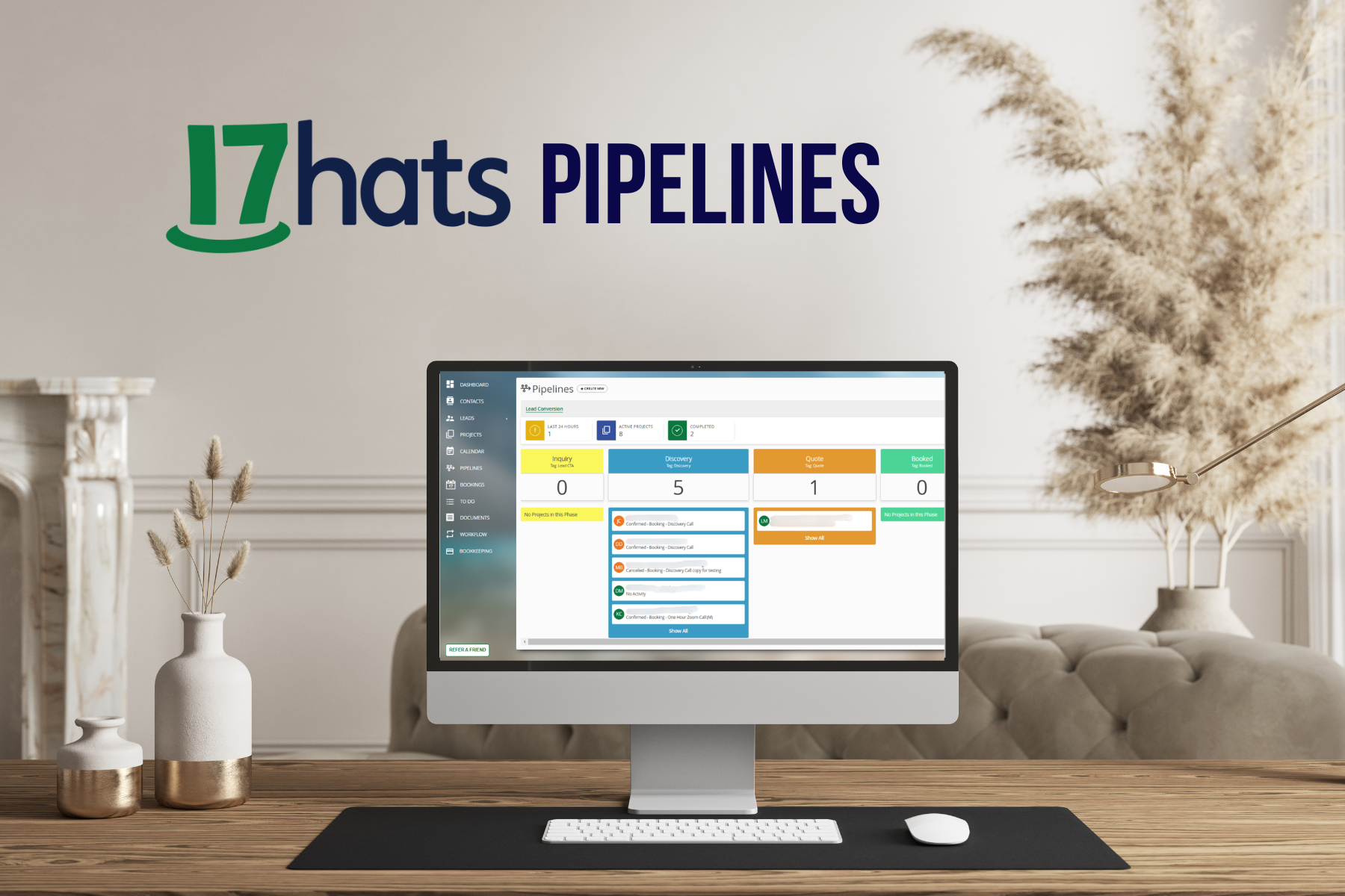 Computer monitor showing 17hats Pipelines setup with text across top that says 17hats Pipelines.