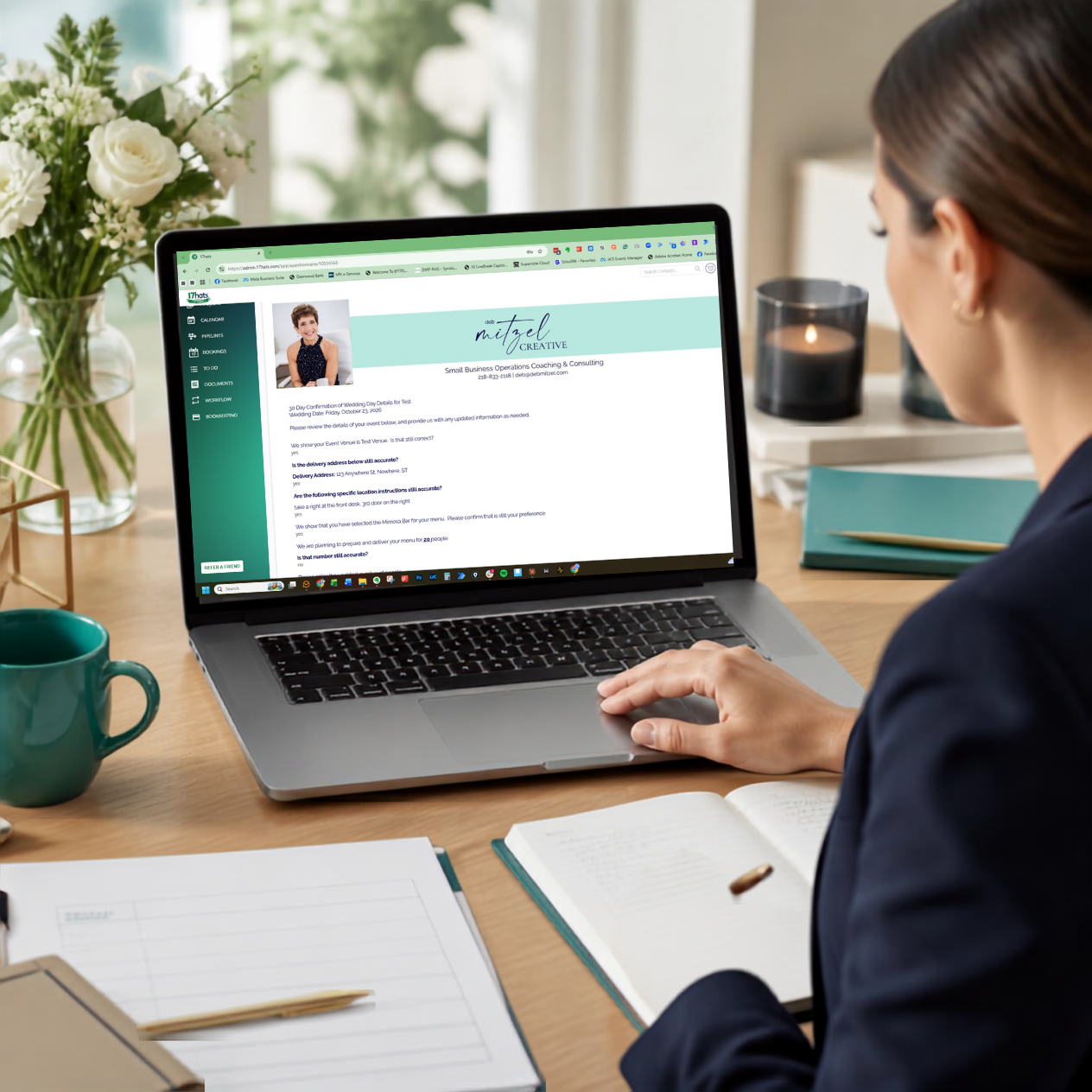 Event professional reviewing 17hats client details on a laptop before an upcoming event